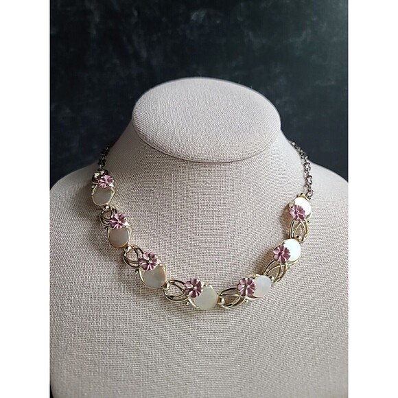 Mother of Pearl Disc Floral Enamel Adjustable Choker Necklace Vintage, READ - Picture 2 of 10